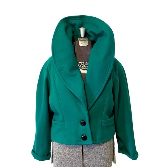 Vintage Wool Coat Emerald Green Jacket Shawl Collar Avantgarde Womens Medium - Picture 3 of 12
